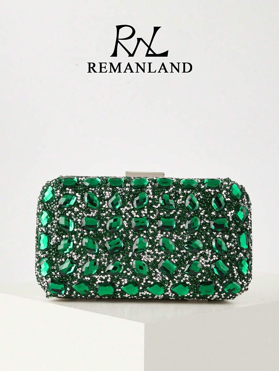 REMANLAND 閃亮精緻方型包,優雅時尚手拿包,藍色水鑽鏈條包,適合女性派對、婚禮、晚宴、宴會等場合,派對女孩與女性的理想選擇,也是送給女性的最佳禮物 - 墨綠色 - 查看 1