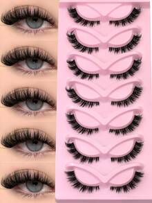 7 Pairs Natural Look Cat Eye Lashes Fluffy Thick False Eyelashes Tail Elongated Wispy Eyelashes Classic Manga Wet-Look Lashes Transparent Lash Band, Criss-Cross Soft Dramatic 3D Faux Mink Lashes, Suitable For Travel, Party, Photo-Ready Natural Makeup Lash Extension - Black - View 2