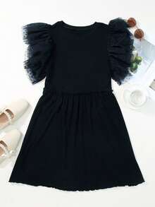 Women's Fashionable Black A-Line Dress With Ruffle Sleeves And Flared Hem Elegant - Black - View 6