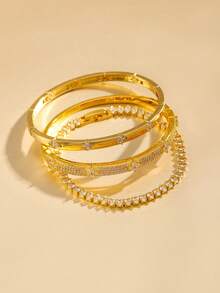 Set de 3 pulseras, pulsera de trébol de cuatro hojas de oro/plata con circonita cúbica, conjunto de joyas elegante adecuado para uso diario, citas, etc. de las mujeres - Dorado - Ver 6