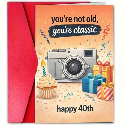 Thiệp chúc mừng sinh nhật lần thứ 40 hài hước kèm phong bì, thiết kế máy ảnh "Bạn không già, bạn mới là người kinh điển", món quà sinh nhật cột mốc 40 đầy dí dỏm dành cho nhiếp ảnh gia, trang trí tiệc.