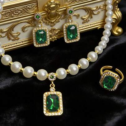 مجموعة مجوهرات فاخرة مكونة من 3 قطع: أقراط مربعة مزيفة من الزمرد ، خاتم ، وقلادة مزيفة من اللؤلؤ ، هدية للنساء للمناسبات الرسمية والاستخدام اليومي