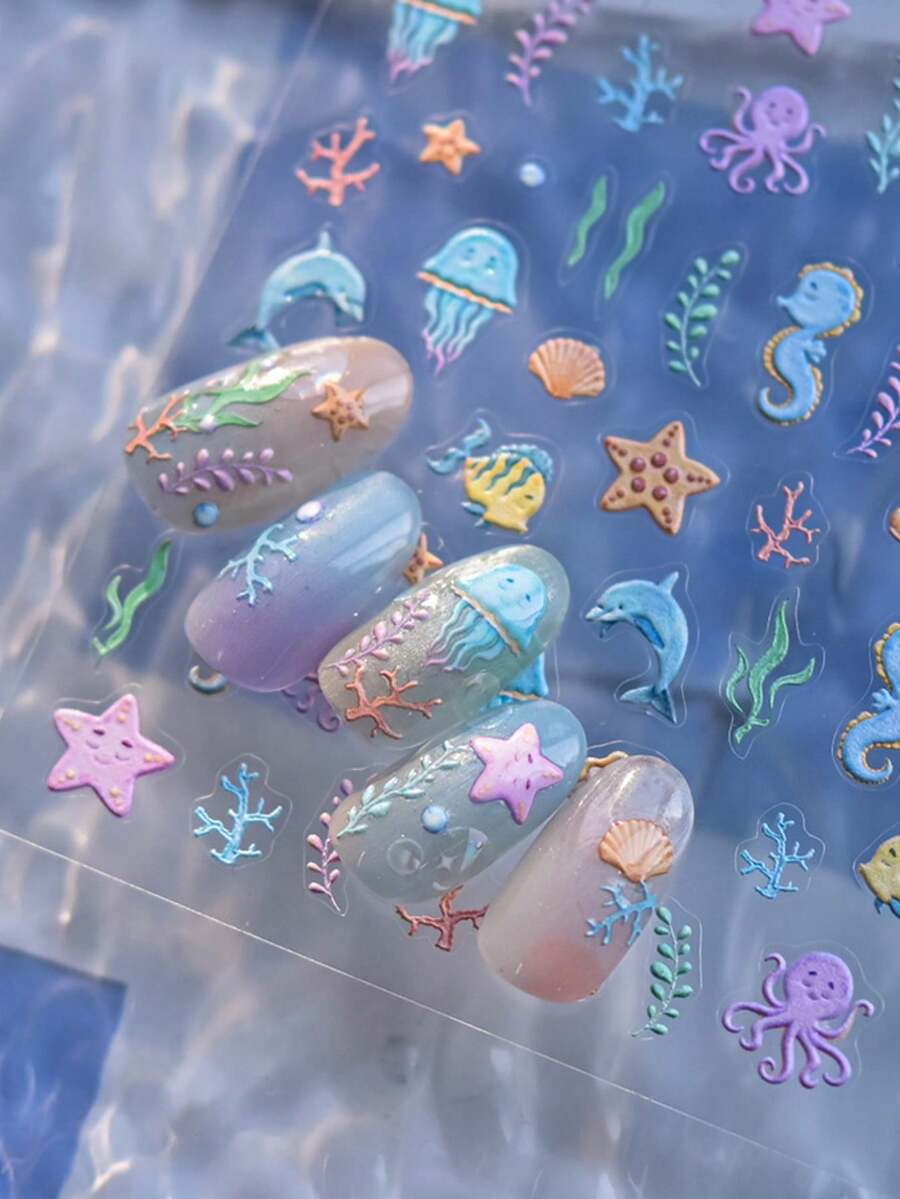 5D Autocollants pour ongles en relief doux et gaufrés. Autocollants mignons de monde marin et d'animaux de dessin animé pour les ongles. Décorations d'été autoadhésives pour manucure, décalcomanies DIY - Multicolore - Voir 1