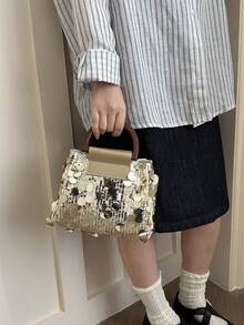 2026新款亮片时尚单肩斜挎包，简约别致小方包，女士春季款 - 金色 - 查看 2