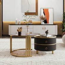 2-In-1 Round MDF Coffee Table, Side Table With One White Top And One Brown Tempered Glass Top, Coffee Table With Two Drawers For Living Room, 70*70*45 + 50*50*40 Cm - Black - View 12