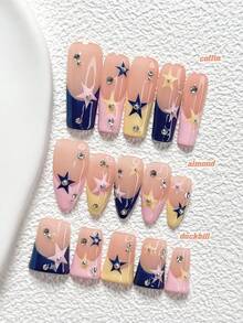 10Pcs Sweet And Edgy Style Handmade Nail Art Set,Unghie Press On,Diamonds, Silver Beads,Star,Yellow, Pink And Blue Nail Polish,Includes Nail Tools,3 Sizes Available,Almond Nails , Duck Nails,Coffin Nails For Party, Dance, Daily Wear - 彩色 - 查看 1