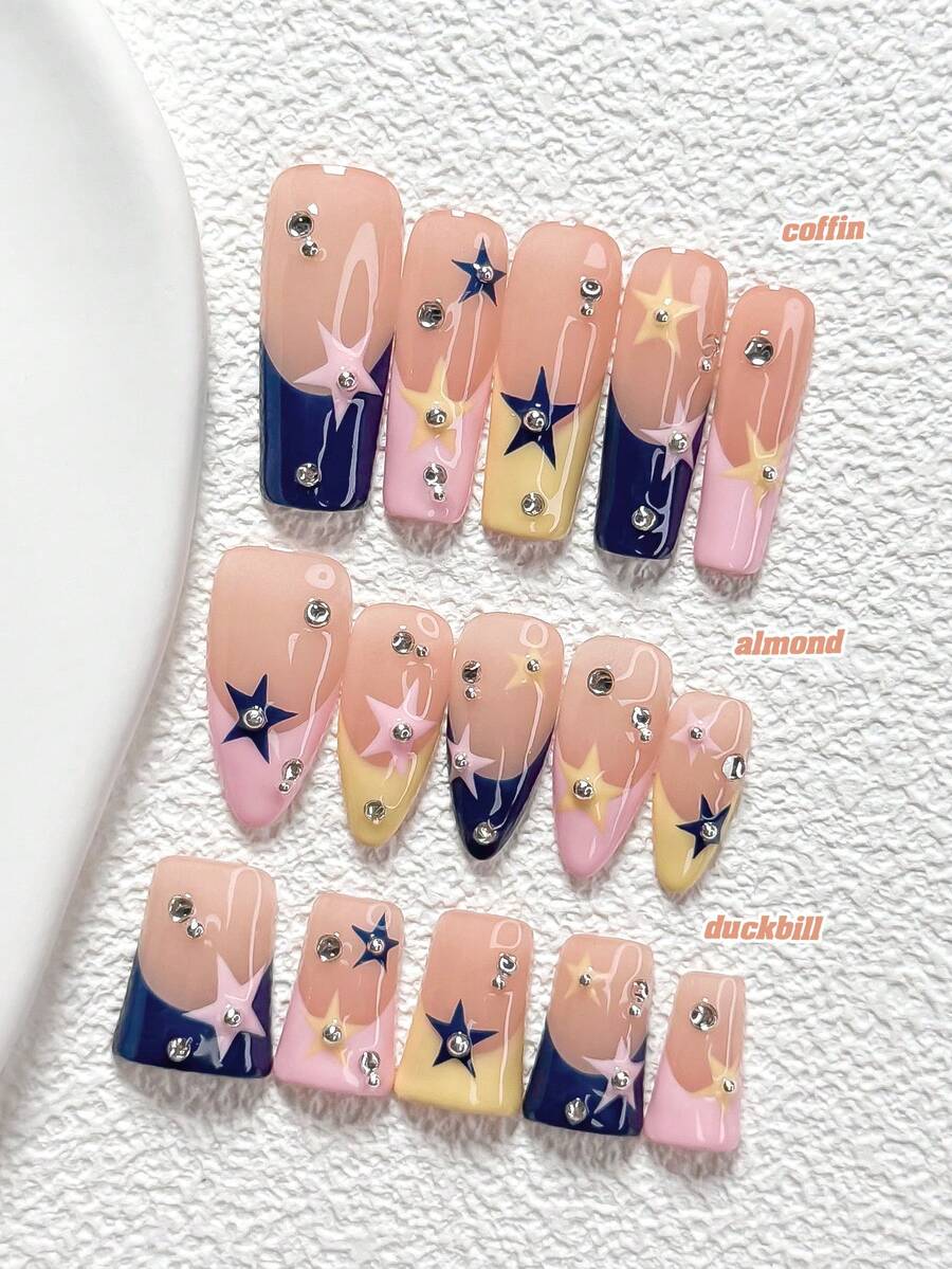 10Pcs Sweet And Edgy Style Handmade Nail Art Set,Unghie Press On,Diamonds, Silver Beads,Star,Yellow, Pink And Blue Nail Polish,Includes Nail Tools,3 Sizes Available,Almond Nails , Duck Nails,Coffin Nails For Party, Dance, Daily Wear - 彩色 - 查看 1