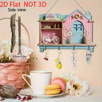 Hölzerner Sonnenblumen-Fahrrad-rosa Haus-Schlüsselhalter-Ständer, flache dekorative Wandbehängung für Wohnzimmer, Eingangsbereich