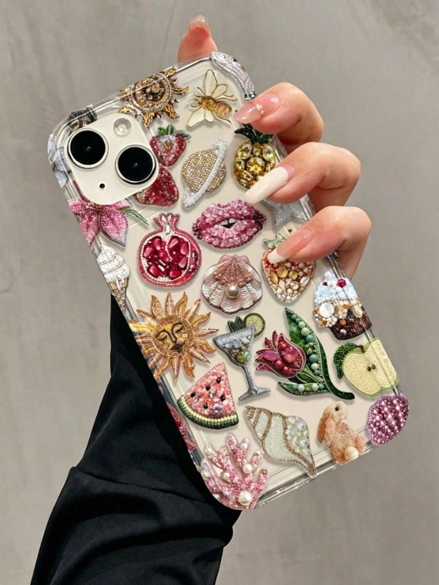 1个气囊珠绣石榴唇图案全包覆式TPU防震手机壳，适用于 16/15/14/13/12/11 Pro Max - 彩色 - 查看 1