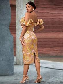 Women's Elegant Jacquard Off Shoulder Fitted Party Dress Wedding Spring - Gold - View 2