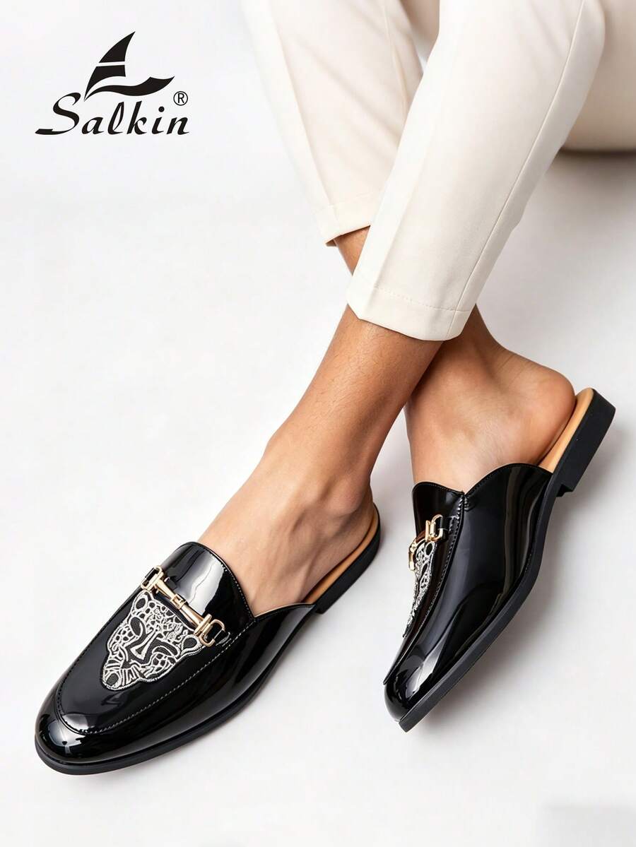 Salkin 新款時尚設計師男款穆勒拖鞋,透氣柔軟一腳蹬樂福鞋,優雅紳士拖鞋,帶足弓支撐的男士居家鞋,柔軟皮革,防滑橡膠底,室內/室外辦公休閒鞋,舒適涼鞋,給父親/丈夫/男朋友的節日禮物,建議選擇大一號 - 亮黑色 - 查看 1