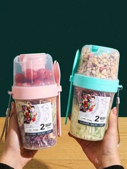 1pc Breakfast Salad Cup, Portable Fruit & Vegetable Container With Fork And Lid, Yogurt Cup, Diet Cup, Suitable For School, Office, Kitchen, Christmas Gift, Back To School Supplies