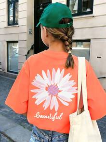 Tween Girl Floral Print Round Neck T-Shirt, Summer Top - Coral Orange - View 2