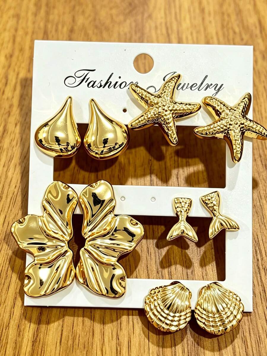 5 Pairs Gold Tone Earrings Set, Minimalist Elegant Fashion Travel Accessories - Gold - View 1