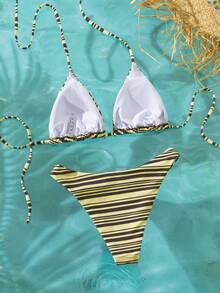 Onefish Bộ bikini tam giác sọc vàng nâu, áo bikini tam giác buộc dây sau lưng có dây đeo mảnh điều chỉnh được, mút đệm mềm mại, co giãn, chất liệu vải mềm mại, kiểu dáng retro, 2 mảnh, thích hợp cho kỳ nghỉ hè ở bãi biển. - Màu vàng - Xem 4