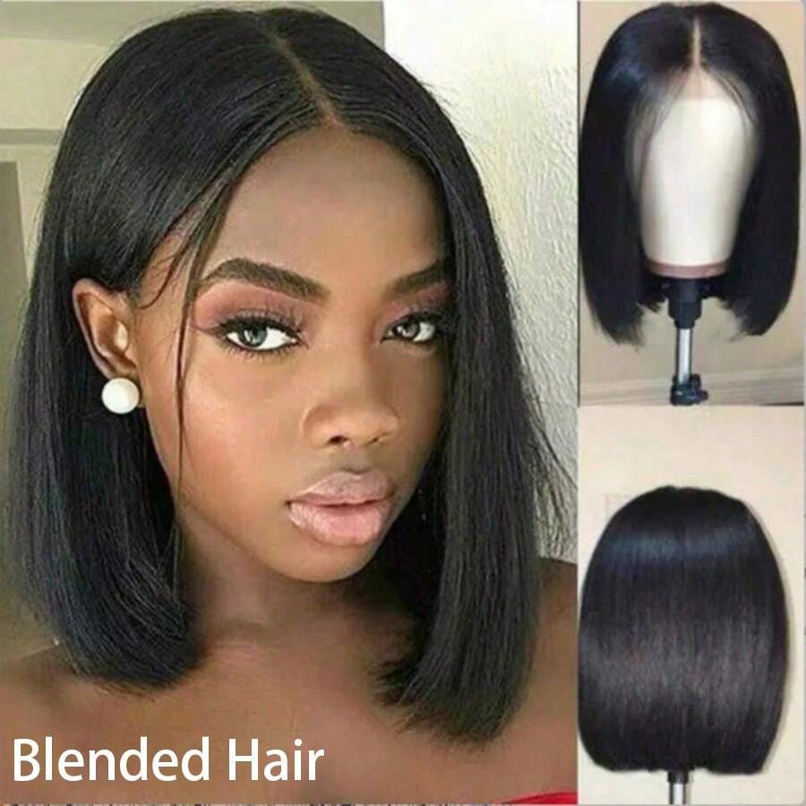 VIOLLY 时尚短款自由分缝波波头假发，200%高密度，13x4高清透明蕾丝直发巴西发假发，自然发际线，婴儿绒毛，预先拔毛，1B自然黑混色真人发假发