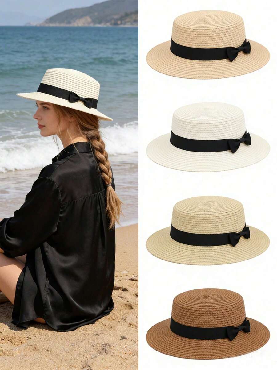 1顶波西米亚风女士法式拉菲草蝴蝶结草帽，夏季沙滩防晒巴拿马帽