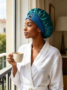 1 chiếc mũ ngủ bằng satin in 26 chữ cái, có dây thun rộng, mũ dưỡng tóc mềm mại dành cho nữ, thích hợp cho giấc ngủ ban đêm, du lịch, chăm sóc tóc tại salon và chăm sóc tóc hàng ngày. - Haqing - Xem 4