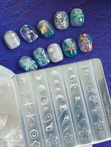 1 Stück Nagelkunst Form im Ozean-Thema, Muschel, Seestern, Delfin, Palme, 3D geschnitzte Nageldekoration, unverzichtbares Werkzeug für Nageltechniker - Transparent - Übersicht 1