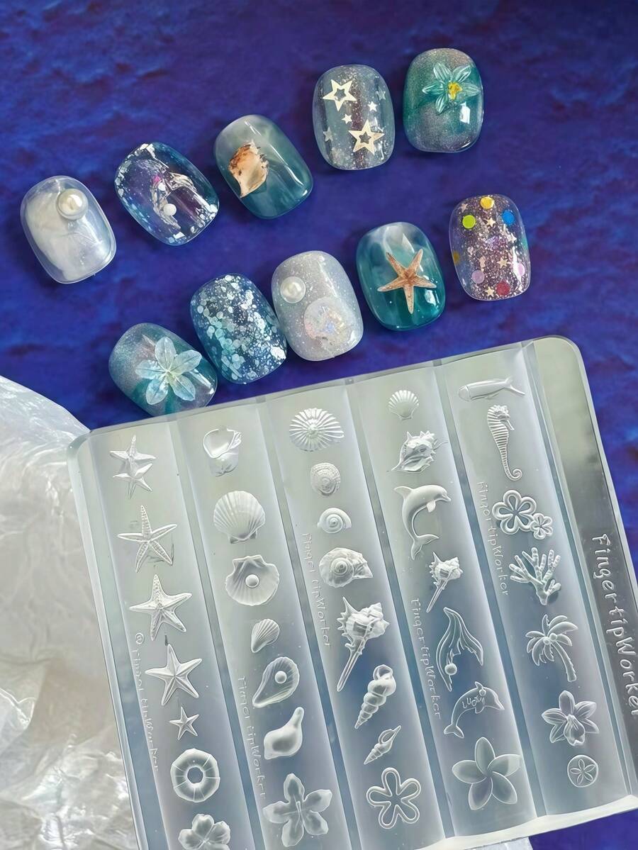 1 Stück Nagelkunst Form im Ozean-Thema, Muschel, Seestern, Delfin, Palme, 3D geschnitzte Nageldekoration, unverzichtbares Werkzeug für Nageltechniker - Transparent - Übersicht 1