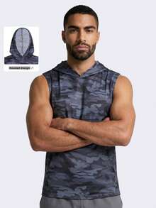 Men's Sleeveless Hooded Camouflage Print Fitness Tank Top, Quick-Dry Breathable Mesh Sports Training Running Vest - Black - View 4