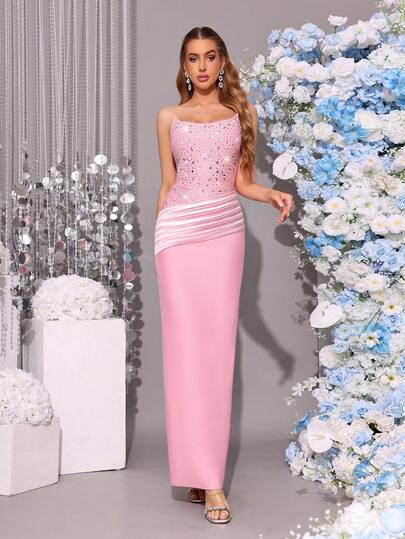 Pink Strapless Fitted Heavily Embellished Diamond Long Tie-Up Dress, Elegant For Wedding, Holiday, Birthday Party, Women's Formal Evening Gown