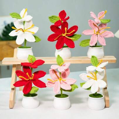 1ps Handmade Potted Crochet Lily Flower,Artificial Lily Flowers Plants With Realistic Stamen, Mini Knitted Floral Lilies For Desk Decoration& Gift