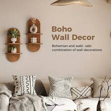 Wenqik Boho Wall Shelf Rainbow Arch Wooden Floating Shelf Mid Century Bohemian Hanging Holder Double Vintage Wall Mount Altar Decor For Nursery Bedroom - 查看 8