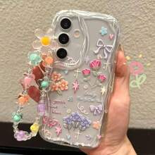 适用于三星 Galaxy S25 Ultra、S24 FE、A56、A16-5G、A17 的花卉蝴蝶图案手机壳，配有彩色串珠链和挂绳，也适用于三星 A15/A05s、S24/S24 Ultra、A36/A35-5G（米色图案）、A54/A55-5G/S25（带串珠链）、S22 Ultra/S23/A26。 - 透明殼 - 查看 6
