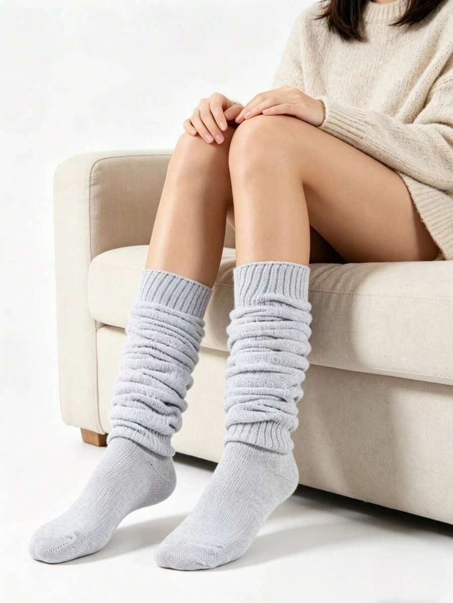 1 đôi tất trắng cao đến đùi, tất phồng, kiểu dáng thời trang phối cùng giày đen, unisex, phong cách học sinh cổ điển. - trắng - Xem 1