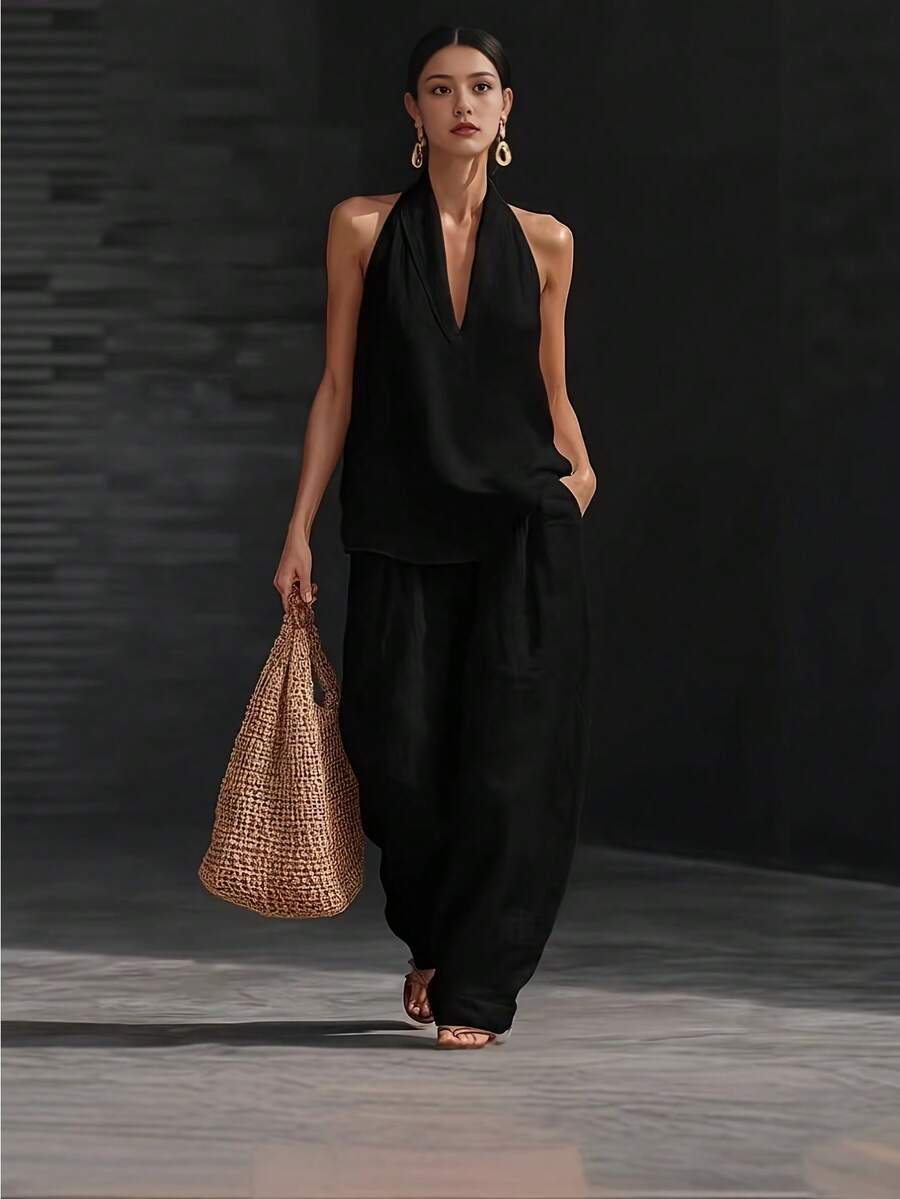 Women'S Summer Halter 2pcs Set 2026 New Retro Pure Set Popular Straight Casual Pants Women'S Set - 黑色 - 查看 1