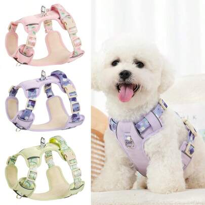Fruit Pattern Pet Harness And Leash Set, Fruit Print Webbing With Durable Fabric, Front Clip No-Pull Design, Reflective Strips, 4 Adjustable Buckles Anti-Escape, Breathable Mesh Lining Vest Suitable For 5-60 Lbs Small To Medium Dogs, Complete Set For Daily Walking, Hiking And Outdoor Activities