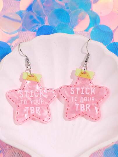 1 Đôi bông tai hình ngôi sao màu hồng ngọc trai, thiết kế dễ thương, sáng tạo, thời trang tối giản với khẩu hiệu "Hãy cứ để sách của bạn ở nhà" (Stick To Your TBR), thích hợp cho đi làm hàng ngày, kỳ nghỉ, xếp hàng, trang sức nữ.