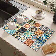 1 pièce, tapis de drainage à motif floral coloré et à carreaux, convient pour absorber l'eau sur les plans de travail dans les cafés, les éviers de cuisine, les machines à laver, etc. Design patchwork floral de style bohème, disponible en différentes tailles. - FULSD029 - Voir 29