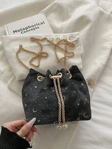 1件装度假风大童夏季零钱包斜挎包水桶包链条包，轻便易携，星月亮片图案，肩带闭合，适合夏季海边度假、旅行，是女孩、青少年、初中生、大童、闺蜜、同学海滩旅行的必备单品，夏季必备 - 8908# - 查看 3