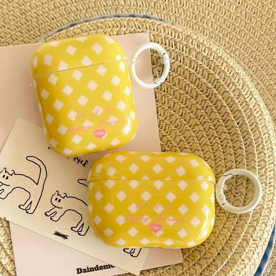 Korean Style Minimalist Yellow Plaid Earphone Case With Hanging Loop, Cute 4th Gen, 2/3 Case, Pro 3 Protective Cover, Spring/Summer Earphone Shell, Birthday/Holiday Gift