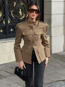 Áo khoác nữ thời trang dáng ôm vừa vặn cổ đứng - Màu Khaki - Xem 2