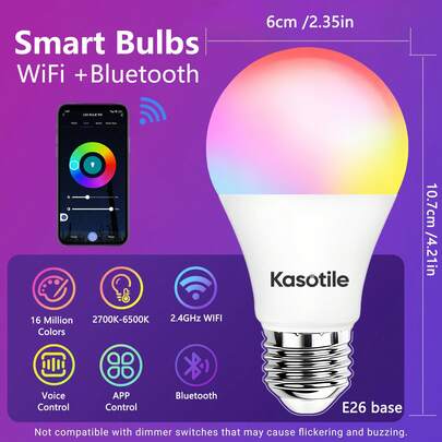 Bóng đèn thông minh Kasotile (gói đơn) - 9W, Tương thích với Alexa / Home / Smart Life, CRI >90, Bóng đèn LED đổi màu RGBCW, Hỗ trợ WiFi 2.4GHz + Bluetooth (đế A19 / E26) - Không cần Hub, Kết nối trực tiếp với hệ thống nhà thông minh Tuya.