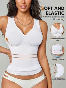 Women V-Neck Tummy Control Seamless Workout Shapewear Tank Tops Casual White Summer - White - View 2