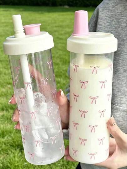 1 pieza/5 piezas Botella de agua de 500ml/700ml con decoración de lazo rosa, estilo de taza de té con leche de perla para el verano, vaso de plástico de gran capacidad con pajita gruesa, adecuado para mujeres y estudiantes, viajes, uso diario, campamento al aire libre, regalo para mujeres