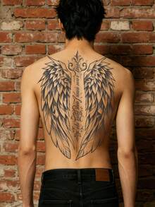 1Pc Men Tattoo Fake Back Temporary Tattoos Wings Semi Permanent Waterproof Sweatproof Last For 1-2 Weeks Realistic Herbal Juice Anti-Friction Non-Reflective Black For Woman And Men Tattoo Stickers For Arm, Chest, Leg, Abdomen, Waist, Finger, Neck, Spine, Modernist Body Art,Sketch Style - HM067 - View 2