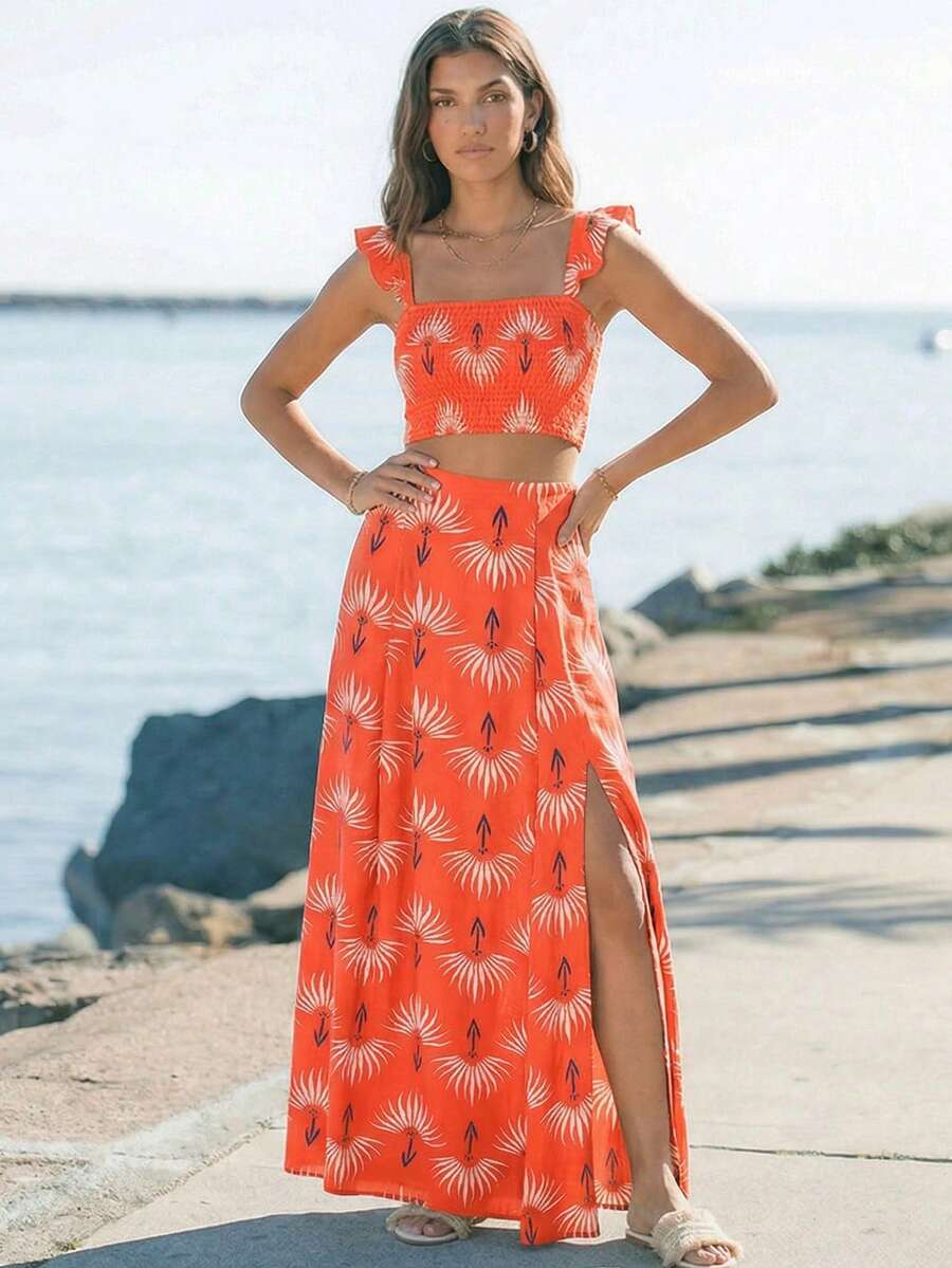 ZIAI 波希米亞印花高衩大腿高海灘度假洋裝 夏季 - 珊瑚橙 - 查看 1