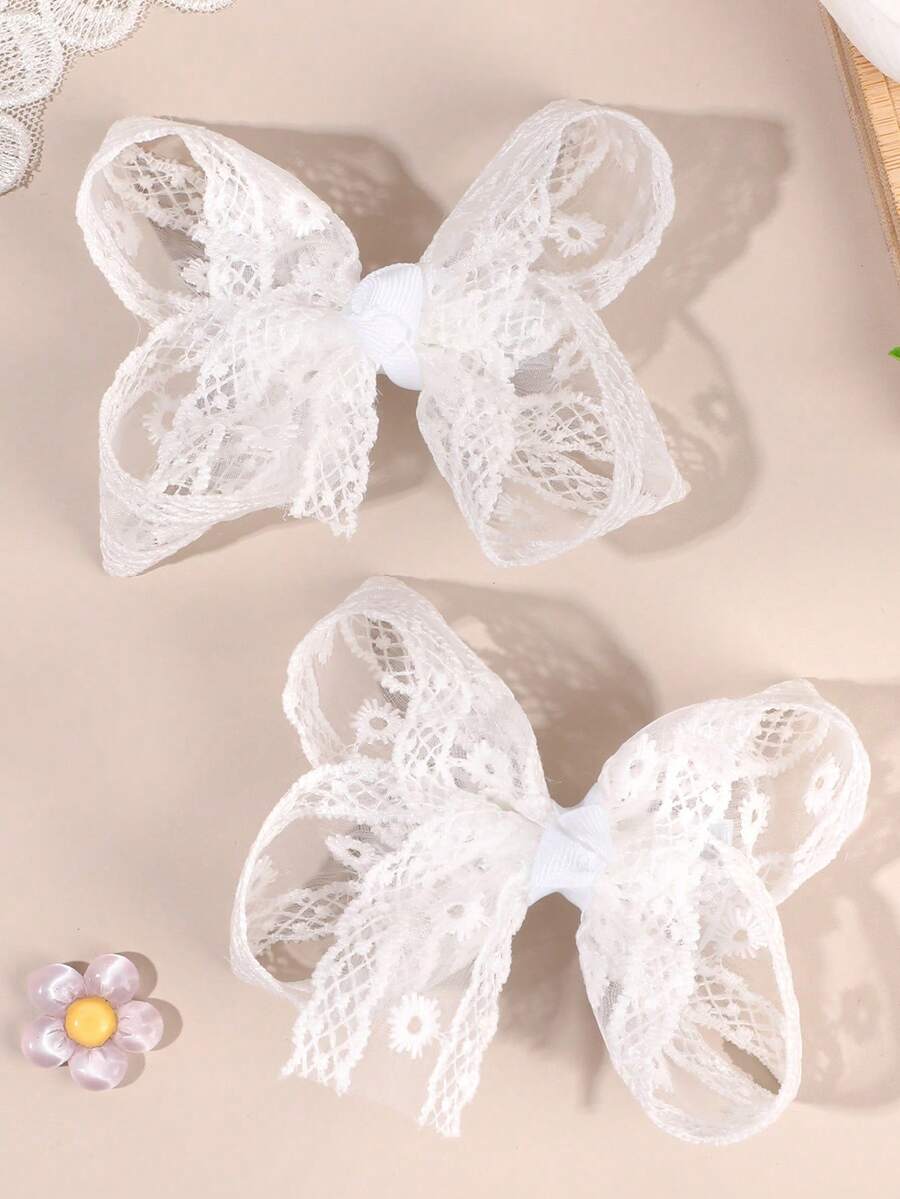 2件裝白色雛菊花卉刺繡蕾絲蝴蝶結髮夾,精緻髮夾,春夏森林風髮飾,甜美女孩兒童髮飾 - 白色 - 查看 1