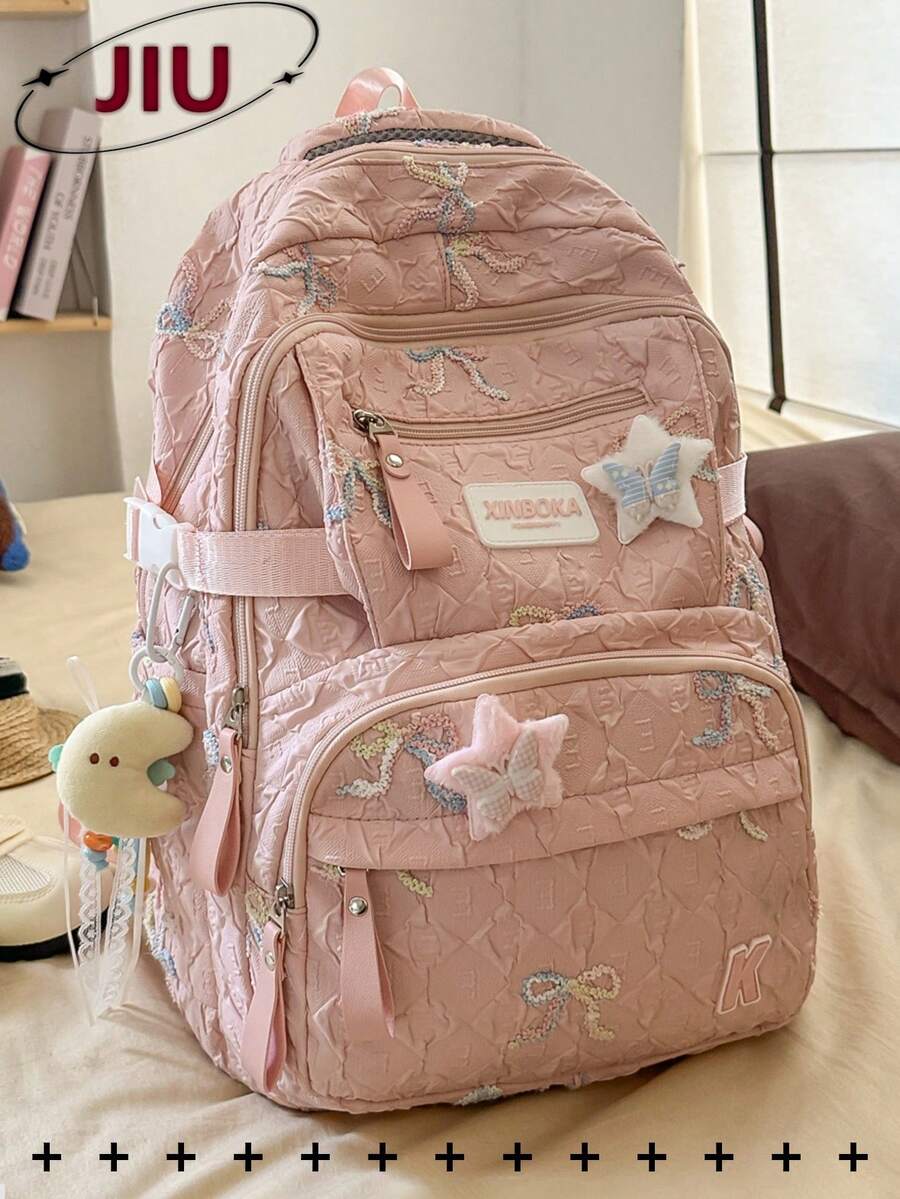 多隔层蝴蝶结尼龙背包；可装15.6英寸笔记本电脑；多口袋轻便学生背包；大容量旅行包；多功能背包；适合学生、中小学生、护士、教师、商务人士、旅行、通勤、购物、办公、约会、徒步、训练、工作及其他日常使用；节日/生日礼物
