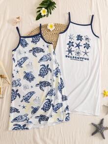 2pcs Girls Loose Nightgown Set With Navy Blue Straps. Features Blue Turtle, Light Yellow Coral, White Seashell And Star Elements. White Base Color With Blue And White Starfish And Floral Print On The Chest, Suitable For Daily Home, Swimming Party And Leisure Vacation. - Multicolor - View 2
