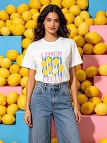 Women's Short-Sleeve Lemon Fruit Letter Print Casual Summer T-Shirt, Retro Sports Lunar New Year.Summer Outfits For Women,Vacation Outfits Women,Summer Topsconjunto De Mujeres Eleantes,Eleance - 白色 - 查看 4