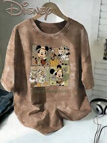 Disney Mickey And Friends Safari 4 Grid Vintage Washed Brown Oversized Cotton T-Shirt, Extra Large Baggy Fit Tee For Family, Walt Disney World Top - 咖啡棕 - 查看 1