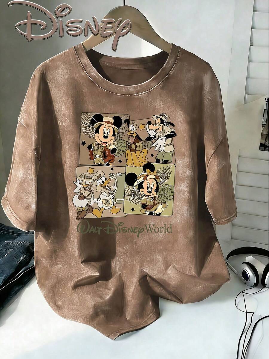 Disney Mickey And Friends Safari 4 Grid Vintage Washed Brown Oversized Cotton T-Shirt, Extra Large Baggy Fit Tee For Family, Walt Disney World Top - 咖啡棕 - 查看 1