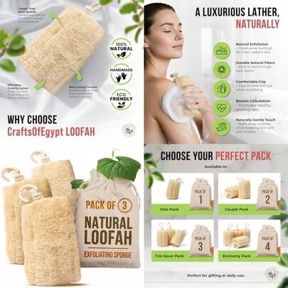 Set of 3 Luxurious 100% Natural Spa Beauty Egyptian Organic Loofah Bath Sponge Body Scrubber. Premium Quality Lofa Loofa Luffa Loffa for Exfoliating Your Skin
