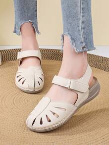1 Pair Lightweight, Comfortable, Commute-Friendly Handmade Slip-On Wedge Sandals With Toe Protection, Lychee Textured Material, Women's Hook And Loop Sandals - Beige - View 12